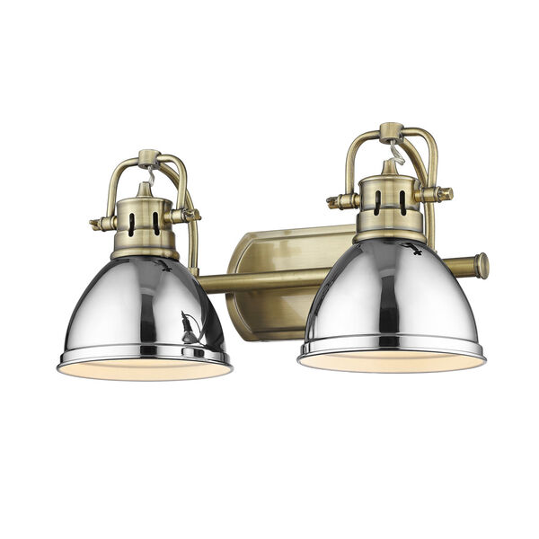 Duncan Aged Brass Two-Light Bath Vanity with Chrome Shades, image 1